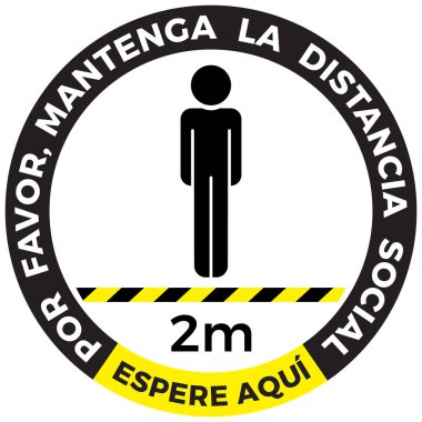 Coronavirus COVID-19 virüs sosyal mesafeleme konsepti. Burada ispanyolca bekle ve iki metre arayla kal. Düz simge vektör illüstrasyonu