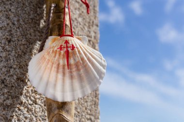 Camino de Santiago 'nun granit duvara dayanmış bastonu ve deniz kabuğu. Santiago de Compostela hac konsepti. Boşluğu kopyala