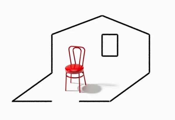 Koncepcja Kwarantanny Czerwone Krzesło Wewnątrz Salonu Lub Pokoju — Zdjęcie stockowe