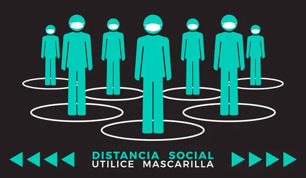 Grupp Människor Som Bär Ansiktsmask Spanska Fras Social Distancing Använder — Stockfoto