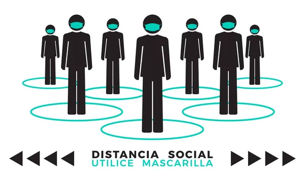 Grupp Människor Som Bär Ansiktsmask Spanska Fras Social Distancing Använder — Stock vektor