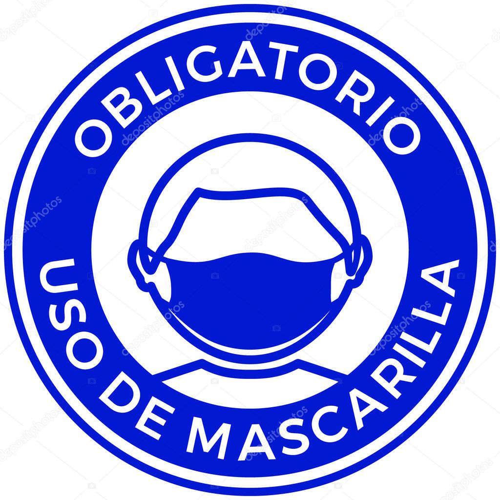 Round sign of a Man wearing protective face mask icon and spanish phrase: obligatory use of mask. Protection against Coronavirus, COVID-19 virus, flu and air pollution. Flat vector illustration