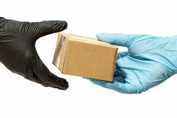 Courier Man Hand Protective Glove Delivery Package Customer Online Buyer — Fotografia de Stock