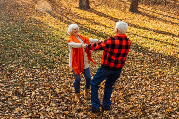 An elderly couple is dancing. Smiling old woman. Movement is life. I feel young again.