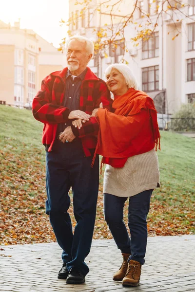 Old couple is walking in the green park. Fifty years together love story. Grandma and grandpa kissing. Grandmother and grandfather at their golden wedding anniversary celebration. — Stock Fotó