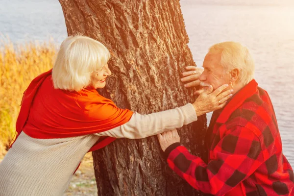 Old couple is walking in the green park. Fifty years together love story. Grandma and grandpa kissing. Grandmother and grandfather at their golden wedding anniversary celebration. — стокове фото