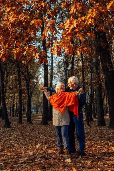 Retrato de cerca de una anciana feliz y el hombre en un parque en el follaje de otoño . — Foto de Stock
