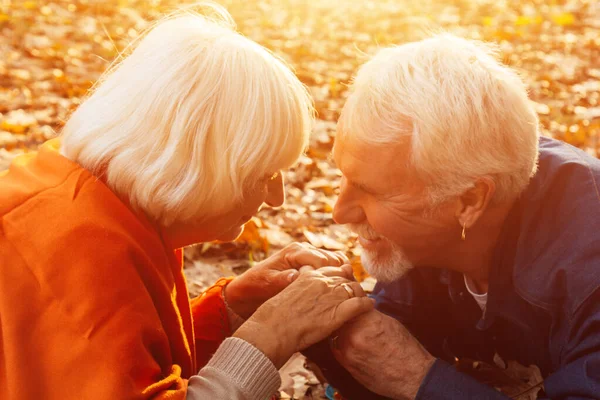 Retrato de cerca de un viejo feliz besando las manos de su esposa. En el parque en el follaje de otoño una feliz pareja está descansando . — Foto de Stock