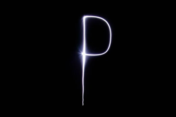 Alphabet made of neon light on a black background. Isolated top view, letter p. — Stock Photo, Image