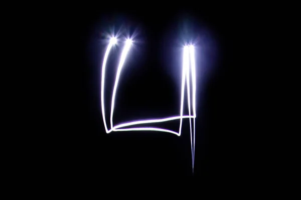 Zahlensatz aus Neonlicht auf schwarzem Hintergrund. isolierte Ansicht von oben, Nummer 4. — Stockfoto