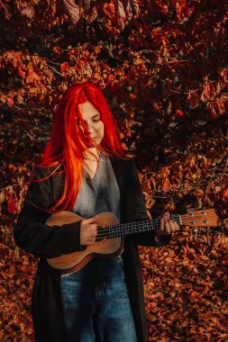 Uzun saçlı seksi kızıl kız ukulele çalıyor. Mükemmel bir kadın portresi. Muhteşem güçlü ve kalın saçlar. Koyu mavi gözler. Doğal güzellik, temiz ten, yüz ve saç bakımı.