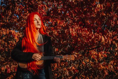 Uzun saçlı seksi kızıl kız ukulele çalıyor. Mükemmel bir kadın portresi. Muhteşem güçlü ve kalın saçlar. Koyu mavi gözler. Doğal güzellik, temiz ten, yüz ve saç bakımı.
