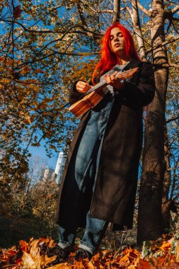 Kızıl saçlı, uzun saçlı kız parkta ukulele çalıyor. Okul, müzik eğitimi konsepti, öğrenci telli çalgılar çalmayı öğreniyor. Bir müzisyenin elleri, klasik, melodi, yaratıcılık.