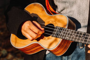 Kızıl saçlı, uzun saçlı kız parkta ukulele çalıyor. Okul, müzik eğitimi konsepti, öğrenci telli çalgılar çalmayı öğreniyor. Bir müzisyenin elleri, klasik, melodi, yaratıcılık.