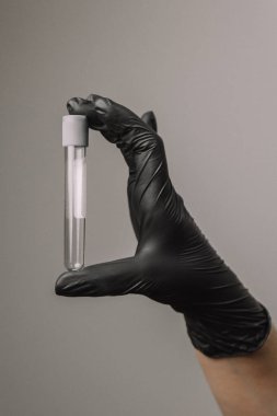 Empty test tube in a glass flask in the hands of a scientist or cosmetologist. Black gloves on a gray background. Experiment, analyzes, girl from the back.