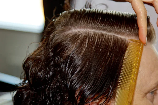 O fim de um cabeleireiro corta o cabelo marrom molhado de um cliente em um salão. O cabeleireiro corta uma mulher. Vista lateral de um cabelo de corte de mão com tesoura . — Fotografia de Stock