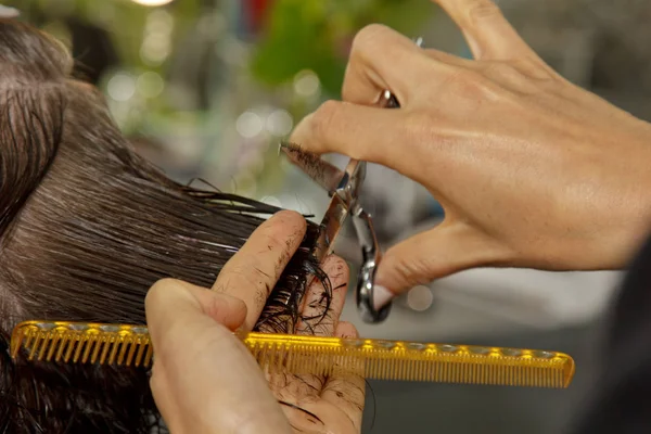 O fim de um cabeleireiro corta o cabelo marrom molhado de um cliente em um salão. O cabeleireiro corta uma mulher. Vista lateral de um cabelo de corte de mão com tesoura . — Fotografia de Stock