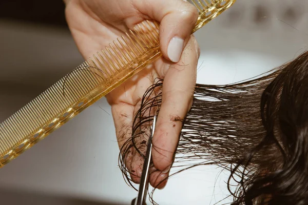 Närbild av en frisör skär våt brunt hår av en kund i en salong. Frisören skär en kvinna. Sidovy av en hand klippa hår med sax. — Stockfoto