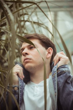 Yeşil yapraklı genç bir adamın portresi. İyi bir adam yeşil bitkilerden oluşan bir duvara karşı duruyor. Sarmaşık çalılıkları içinde beyaz bir adamın yakın çekim.