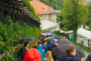 Çek Cumhuriyeti. Prag - 5 Mayıs 2019: Sokakta yağmur altında şemsiyelerle yürüyen bir kalabalık. Gezinti.