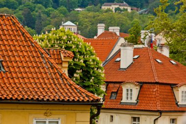 Prag 'da. 05.10.2019: Patina kırmızı çatısının düşük ışık detayı. Prag Küçük Kasabası tipik çatı malzemesi. Eski kil kiremit çatısı. Çeşitli turuncu gölgeler ve lekeler..