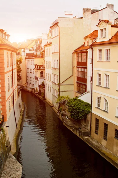 Praga. 05.10.2019: Strada con case di fiori gialli e beige, attraverso cui scorre il piccolo fiume Moldava. Con un bel tramonto dorato . — Foto Stock