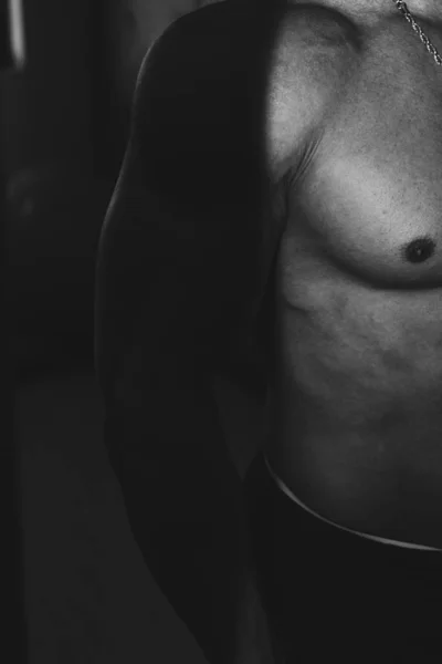 Black White Photo Male Powerful Biceps Closeup Gym Body Builder — Stock Photo, Image