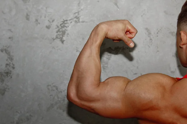 Male powerful biceps closeup. Gym. Body-builder. Beautiful, swollen male body. Trainer, advertising, healthy lifestyle. Bodybuilder. The concept of sports
