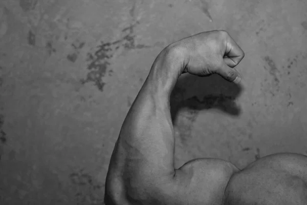 Fotografía Blanco Negro Primeros Planos Potentes Bíceps Masculinos Gimnasio Constructor —  Fotos de Stock