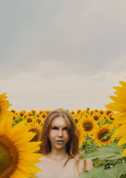 the girl arrived from another planet. an alien stands in a field of sunflowers. other world concept. space, anomaly, magic, unexplained