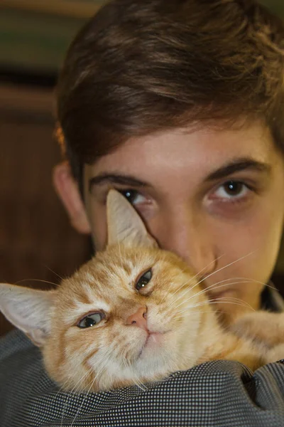 Teen Guy Hugs Cat Holds Animal His Arms Portrait Concept — Stock Photo, Image