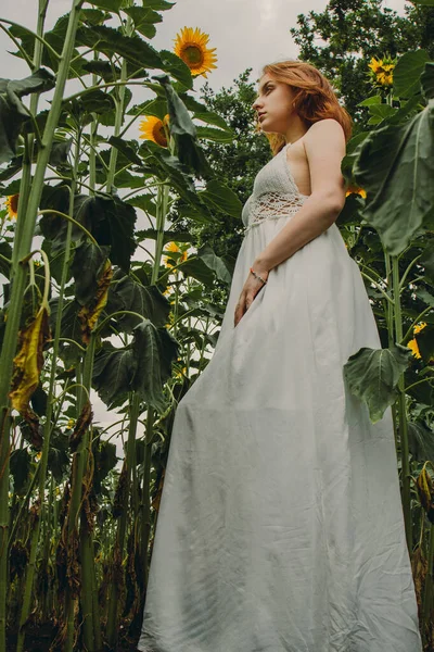 Beyaz Elbiseli Ayçiçeği Çiçekli Güzel Seksi Kızıl Saçlı Bir Kızın — Stok fotoğraf