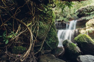 WIMAN THIP Şelalesi 'ndeki derenin yumuşak suyu doğal park, yağmur ormanlarındaki güzel şelale
