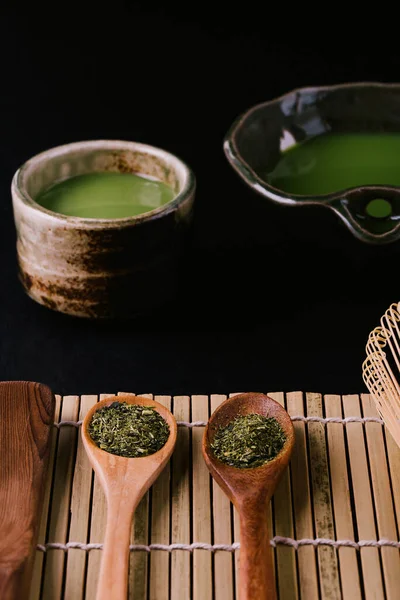 Top View Green Tea Matcha Bowl Wooden Surface — Stock Photo, Image