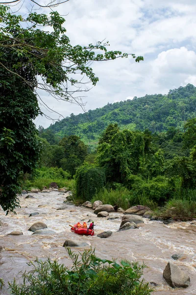 Rafting takımı, yaz ekstrem su sporları. Rafting yapan bir grup insan.