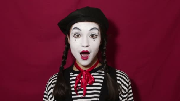 Beautiful Girl Mime Smiles Winks Eyes While Looking Camera Beautiful — Stock Video