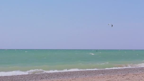 Kite surfer rides the waves in the blue sea. A view of the sea and a man engaged in kitesurfing. — Stock Video