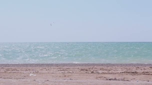 Kite surfer rides the waves in the blue sea. A view of the sea and a man engaged in kitesurfing. — Stock Video