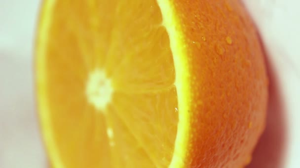 Drops Water Flow Juicy Ripe Orange Fruit Close Orange White — Stock Video