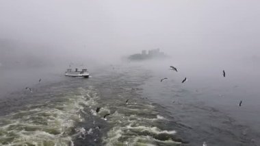 Sisli havada gemiyi takip eden dalgaların görüntüsü. Martılar geminin arkasında uçar. Yüzen bir motorlu tekne görüntüsü.