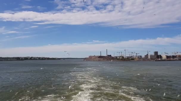 在阳光灿烂的天气下 看船后的海浪 海鸥在船的后面飞翔 从船尾看海岸和海洋 — 图库视频影像