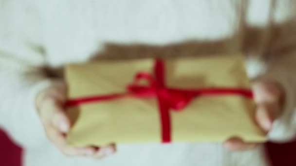 Beautiful Girl Hands Hold Gift Envelope Red Ribbon Beautiful Girl — 图库视频影像