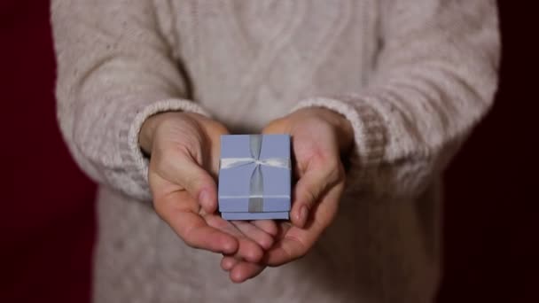 Beautiful Female Hands Hold Small Blue Box Gift Hold Out — Stock Video