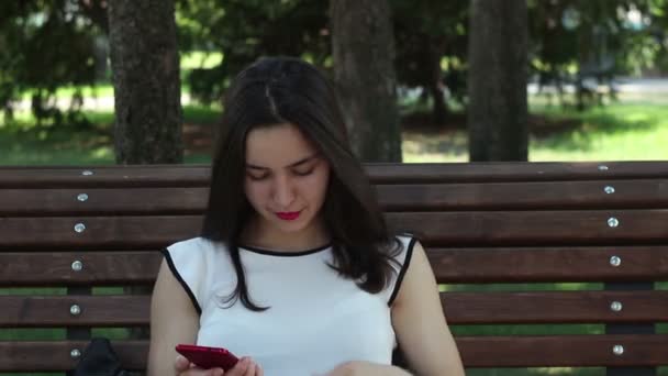 一位穿着白色T恤的年轻漂亮的姑娘坐在公园的长椅上 一边用智能手机在社交网络上聊天 一边在智能手机上整理头发 一边在社交网络上张贴自己的帖子 — 图库视频影像