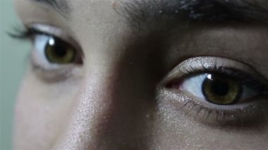 Büyük yeşil-kahverengi gözleri ile güzel bir genç kız kameraya coquettishly görünüyor. Yanıp sönme yakın.