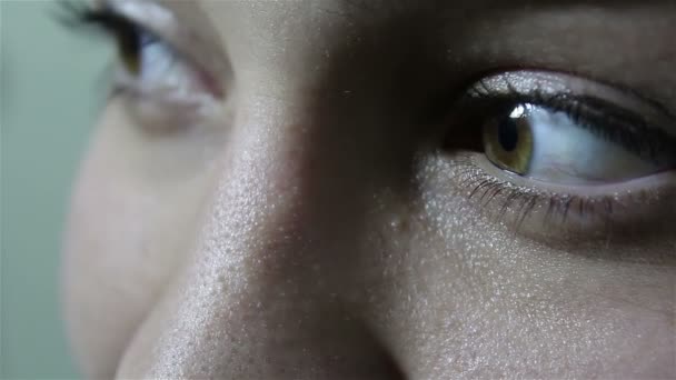 Uma Menina Bonita Com Grandes Olhos Verde Marrom Olha Coquettichamente — Vídeo de Stock