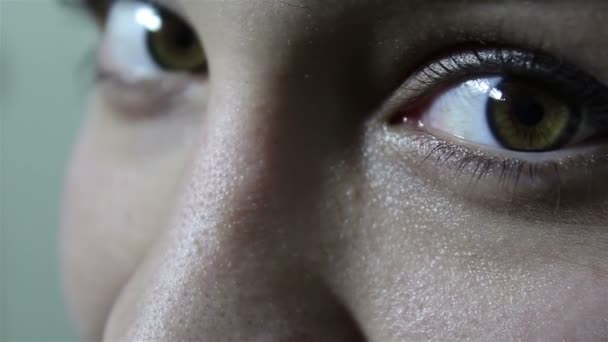 Piękna Młoda Dziewczyna Dużymi Zielono Brązowymi Oczami Wygląda Uwodzicielsko Aparacie — Wideo stockowe