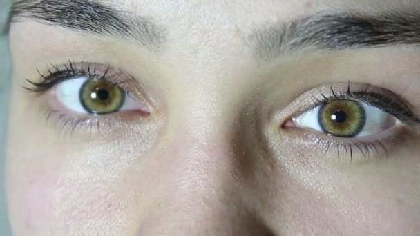 Bruin-groene oog van een jong mooi meisje. Het meisje kijkt naar de camera en knippert haar ogen. — Stockvideo