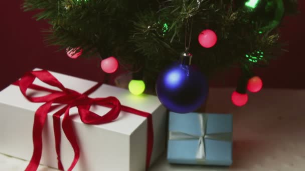 Young Man Decorates Christmas Tree Red Shiny Ball Man Hand — Stock Video