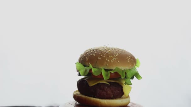 Young Handsome Guy Sniffs Bites Big Juicy Burger Great Pleasure — 비디오